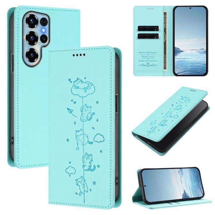 For Doogee Note 56X / 56X Pro Cute Cats Embossed Magnetic RFID Vegan Leather Phone Case(Mint Green)