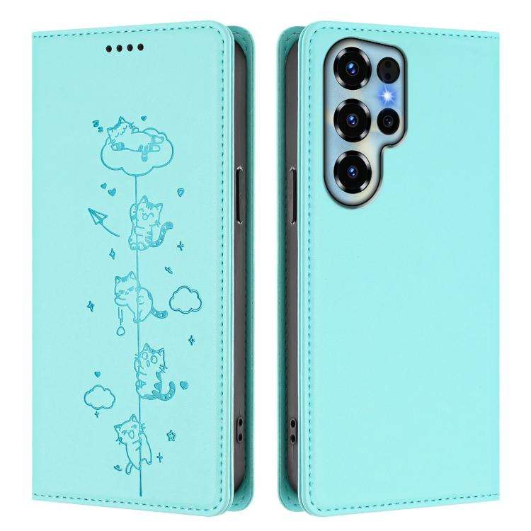 For Doogee Note 56X / 56X Pro Cute Cats Embossed Magnetic RFID Vegan Leather Phone Case(Mint Green)