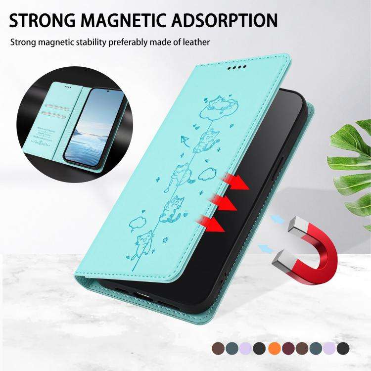 For Doogee Note 56X / 56X Pro Cute Cats Embossed Magnetic RFID Vegan Leather Phone Case(Mint Green)