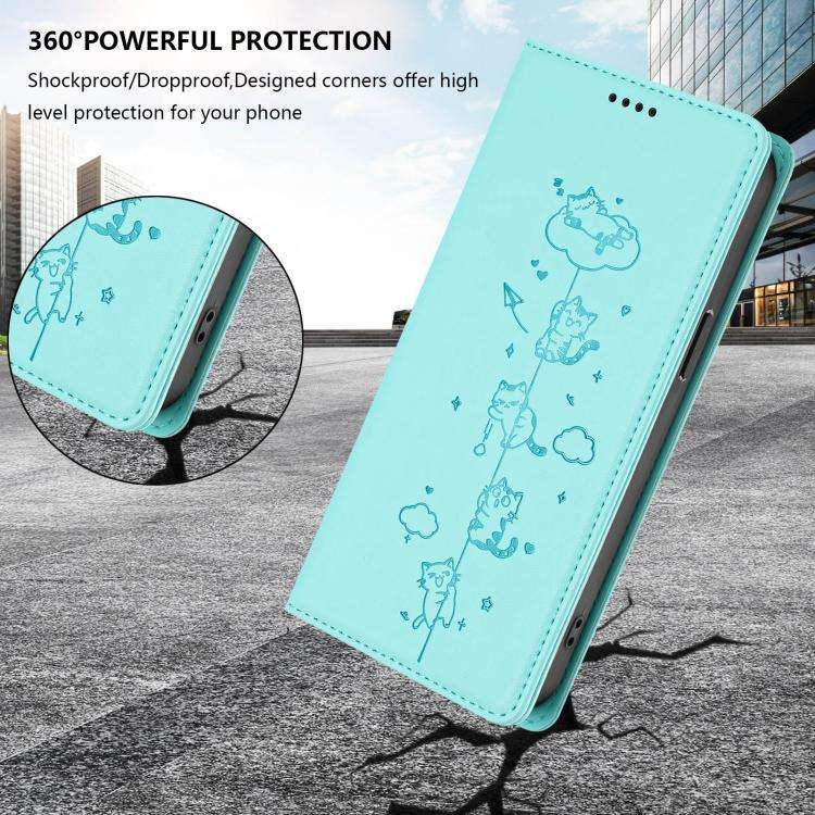 For Doogee Note 56X / 56X Pro Cute Cats Embossed Magnetic RFID Vegan Leather Phone Case(Mint Green)