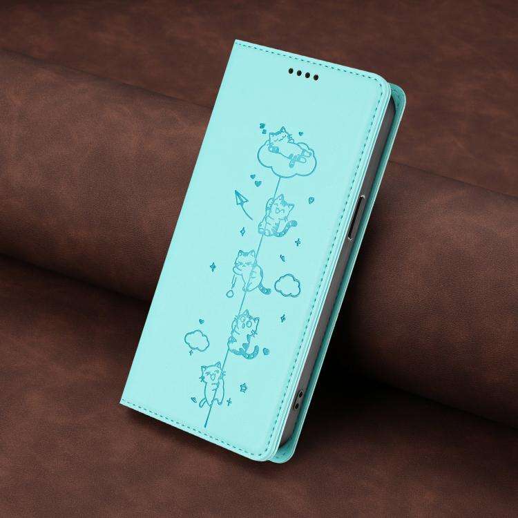 For Doogee Note 56X / 56X Pro Cute Cats Embossed Magnetic RFID Vegan Leather Phone Case(Mint Green)