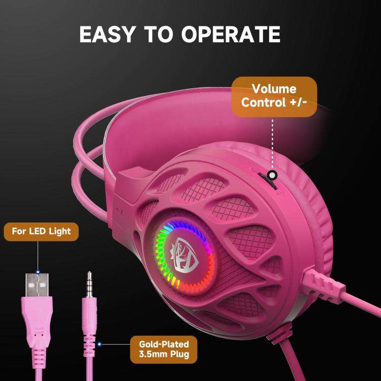 SoulBytes S200 3.5mm USB Wired LED Gaming Headset with Mic(Pink)