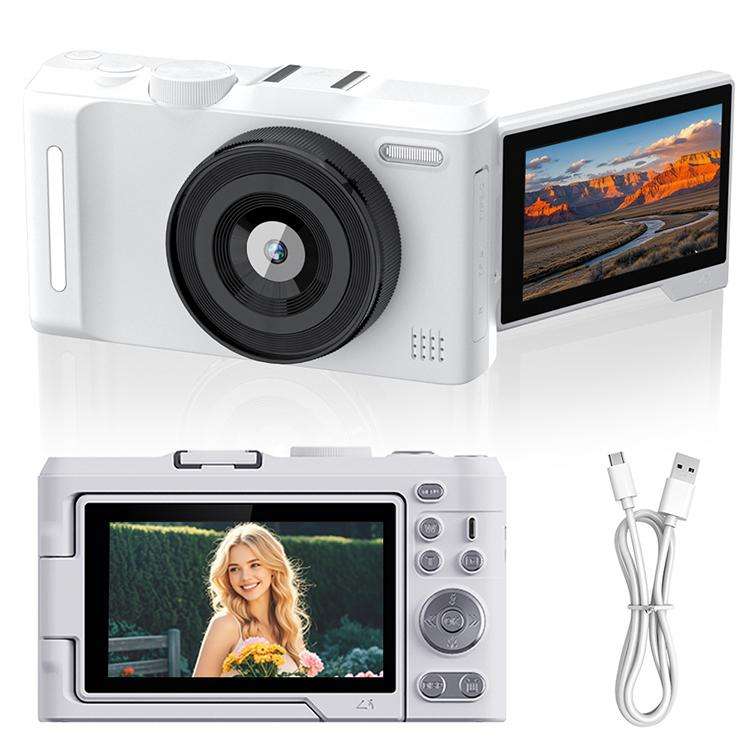 DX9 48MP 4K 3 inch HD LCD Flip Screen Retro Style CCD Mirrorless Digital Camera(White)