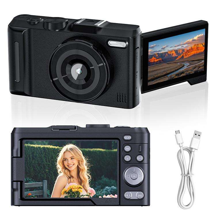 DX9 48MP 4K 3 inch HD LCD Flip Screen Retro Style CCD Mirrorless Digital Camera(Black)