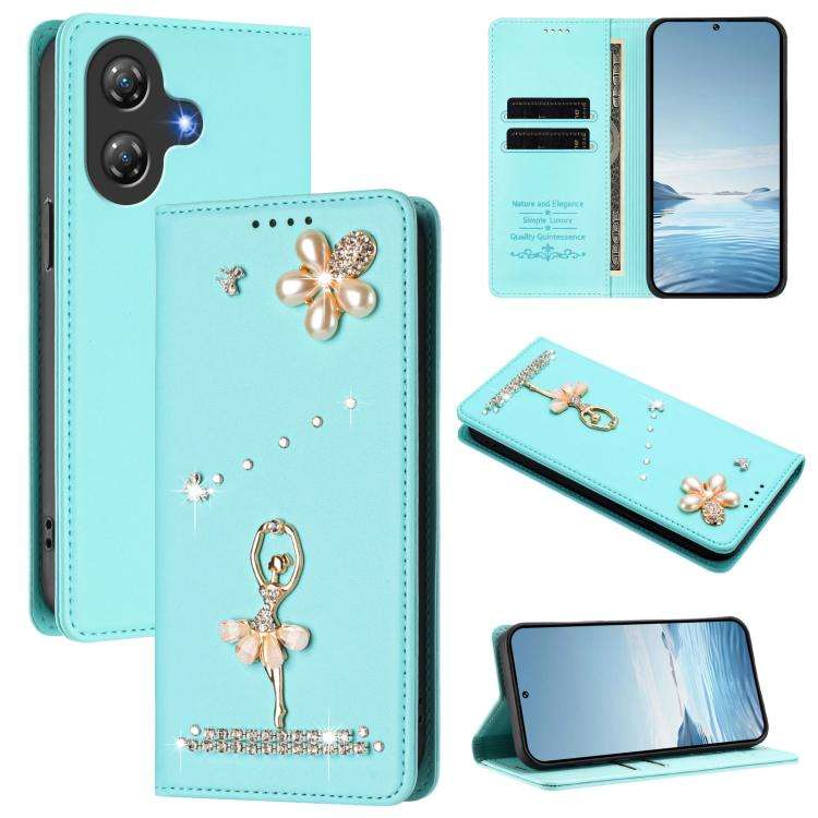 For Ulefone Note 21 Ballet Girl Diamond Studded RFID Vegan Leather Phone Case(Mint Green)