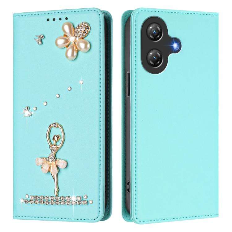 For Ulefone Note 21 Ballet Girl Diamond Studded RFID Vegan Leather Phone Case(Mint Green)