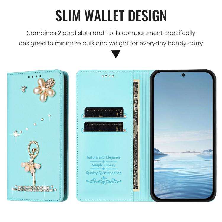 For Ulefone Note 21 Ballet Girl Diamond Studded RFID Vegan Leather Phone Case(Mint Green)