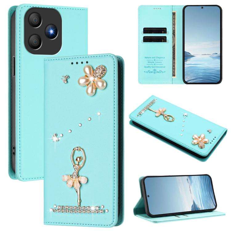 For Blackview Wave 9C Ballet Girl Diamond Studded RFID Vegan Leather Phone Case(Mint Green)