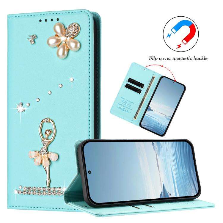 For Blackview Wave 9C Ballet Girl Diamond Studded RFID Vegan Leather Phone Case(Mint Green)