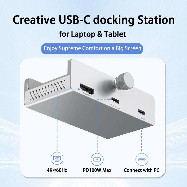 HCL-1071 7-port Type-C 3.2 Clamp Clamp Docking Station HUB with Type-C to Type-C Cable(Silver)