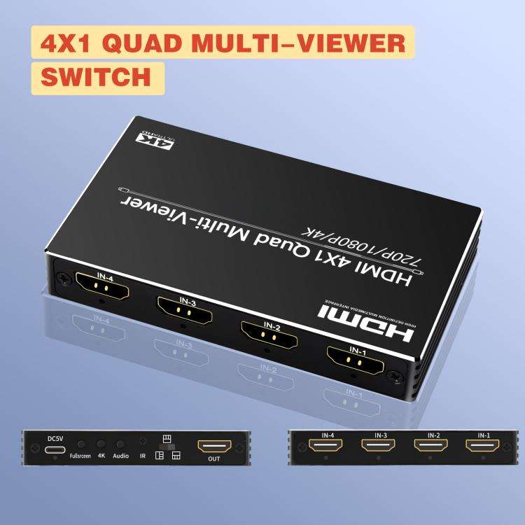 NK-BT41 4K 4 In 1 Out HDMI Quad Multi-Viewer Video Switcher With Remote Control(Black)