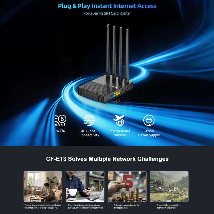 COMFAST CF-E13 Portable 4G SIM to Ethernet / WiFi Router, Plug:EU Plug(Black)