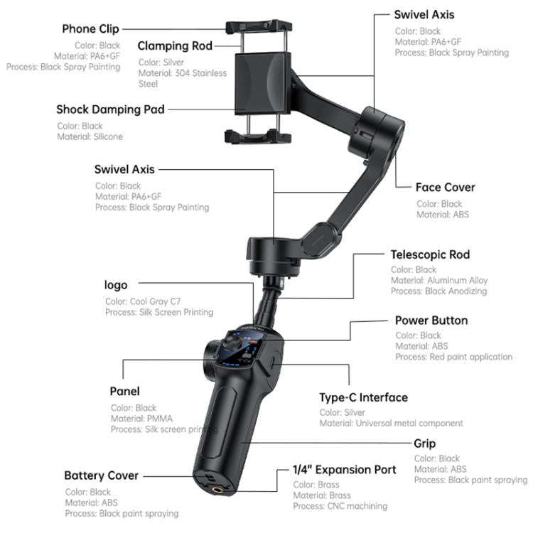 Yesido SF32 Telescopic 3-Axis Gimbal Selfie Stick(Black)