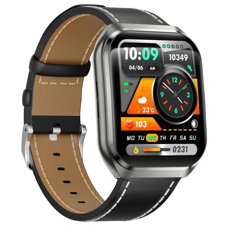 MT66 1.83-inch IPS Curved Screen Smart Watch with 1000mAh Battery(Black Case Leather Strap)