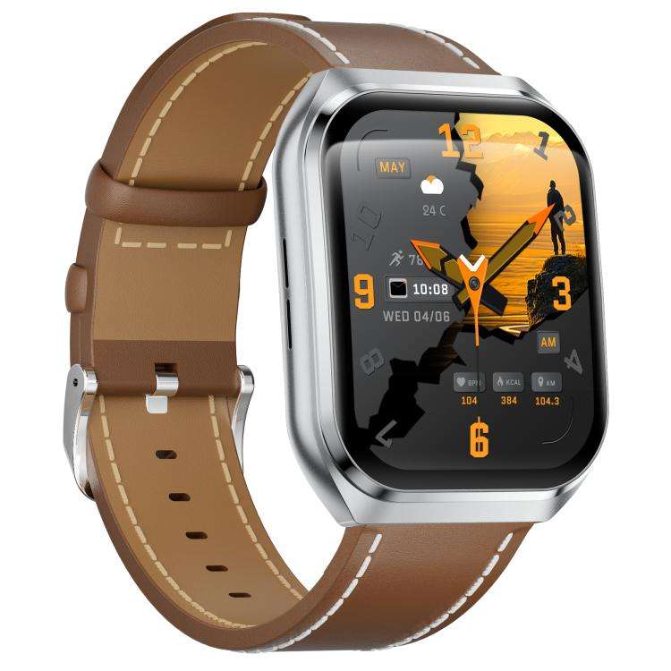 MT66 1.83-inch IPS Curved Screen Smart Watch with 1000mAh Battery(Silver Case Leather Strap)