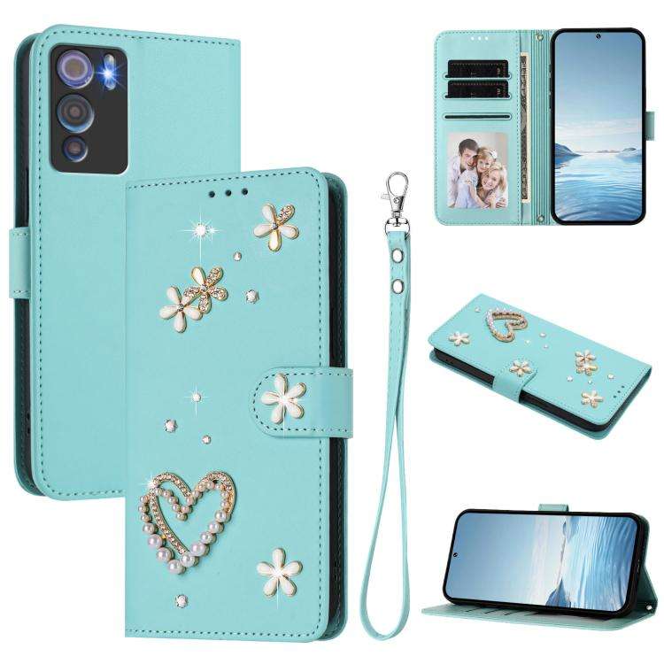 For Doogee N60 Pro ZS01 Double-Layer Heart Floral Vegan Leather Phone Case with Wrist Strap(Mint ...