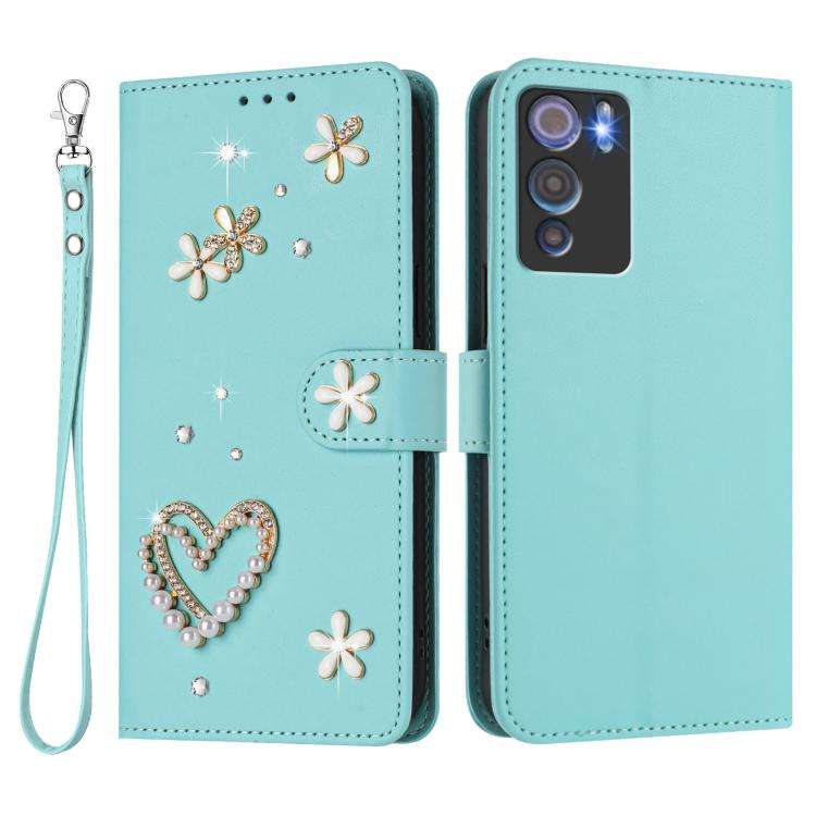 For Doogee N60 Pro ZS01 Double-Layer Heart Floral Vegan Leather Phone Case with Wrist Strap(Mint ...