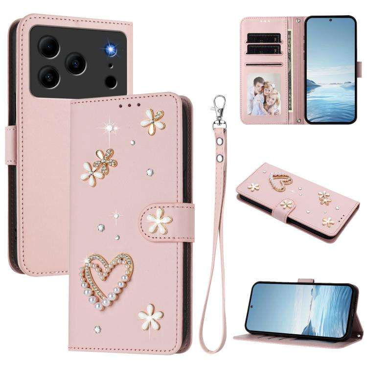 For Doogee Note 56 Pro ZS01 Double-Layer Heart Floral Vegan Leather Phone Case with Wrist Strap(P...