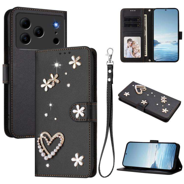 For Doogee Note 56 Pro ZS01 Double-Layer Heart Floral Vegan Leather Phone Case with Wrist Strap(B...