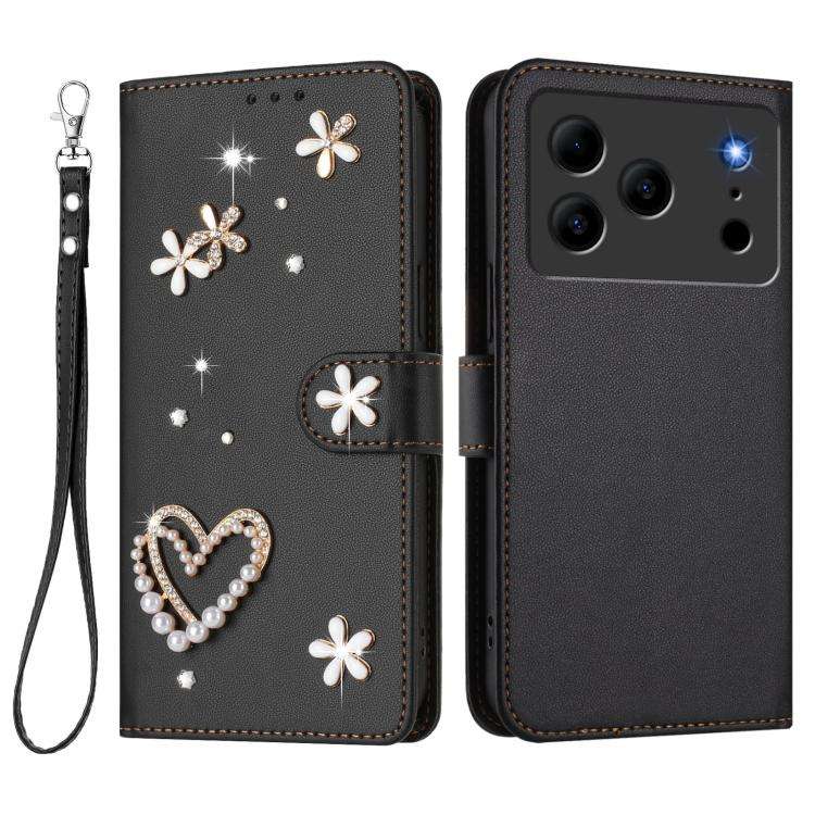 For Doogee Note 56 Pro ZS01 Double-Layer Heart Floral Vegan Leather Phone Case with Wrist Strap(B...