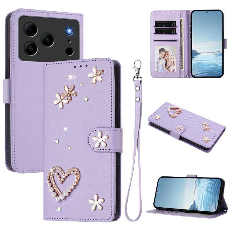 For Doogee Note 56 Pro ZS01 Double-Layer Heart Floral Vegan Leather Phone Case with Wrist Strap(L...