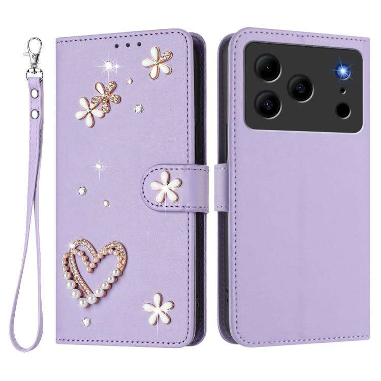 For Doogee Note 56 Pro ZS01 Double-Layer Heart Floral Vegan Leather Phone Case with Wrist Strap(L...
