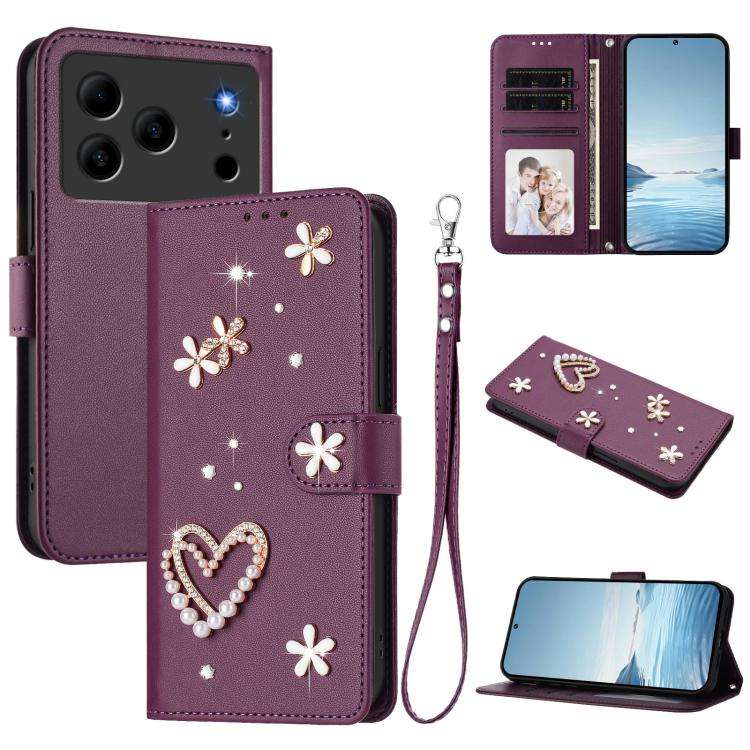 For Doogee Note 56 Pro ZS01 Double-Layer Heart Floral Vegan Leather Phone Case with Wrist Strap(V...