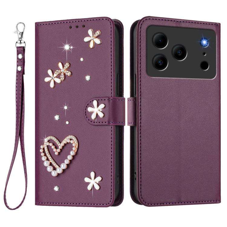 For Doogee Note 56 Pro ZS01 Double-Layer Heart Floral Vegan Leather Phone Case with Wrist Strap(V...