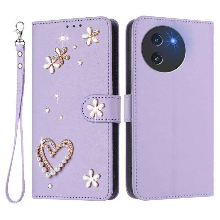 For Doogee Note 59 5G / 59 Pro ZS01 Double-Layer Heart Floral Vegan Leather Phone Case with Wrist...