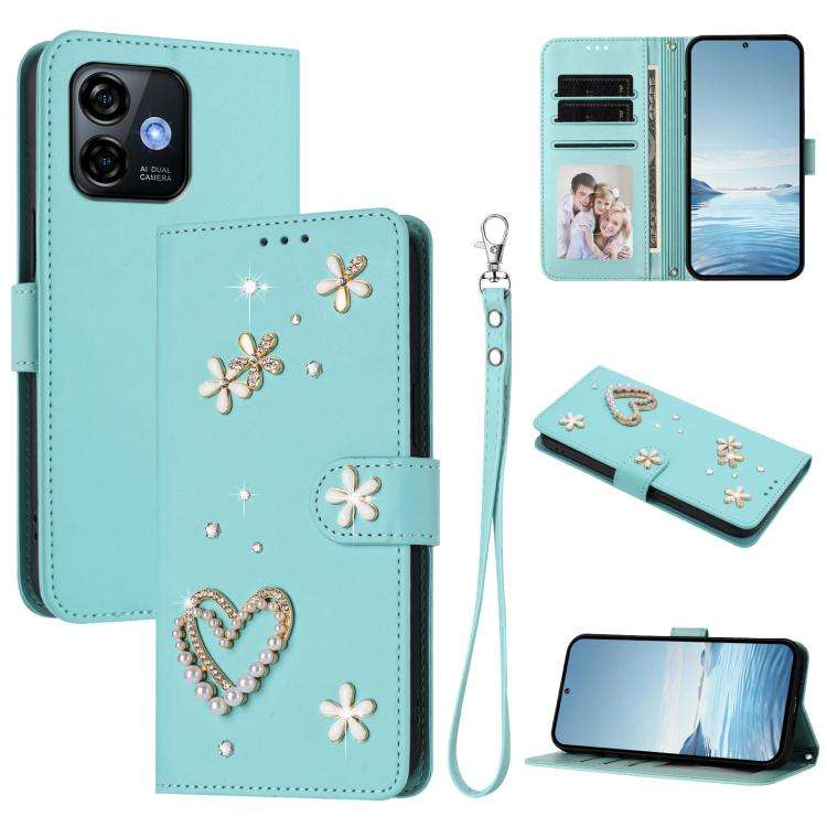For Ulefone Note 16 Pro ZS01 Double-Layer Heart Floral Vegan Leather Phone Case with Wrist Strap(...