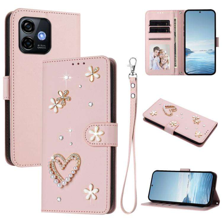 For Ulefone Note 16 Pro ZS01 Double-Layer Heart Floral Vegan Leather Phone Case with Wrist Strap(...