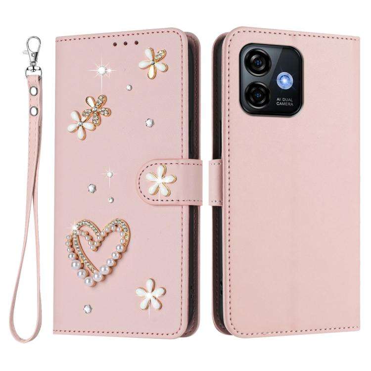 For Ulefone Note 16 Pro ZS01 Double-Layer Heart Floral Vegan Leather Phone Case with Wrist Strap(...