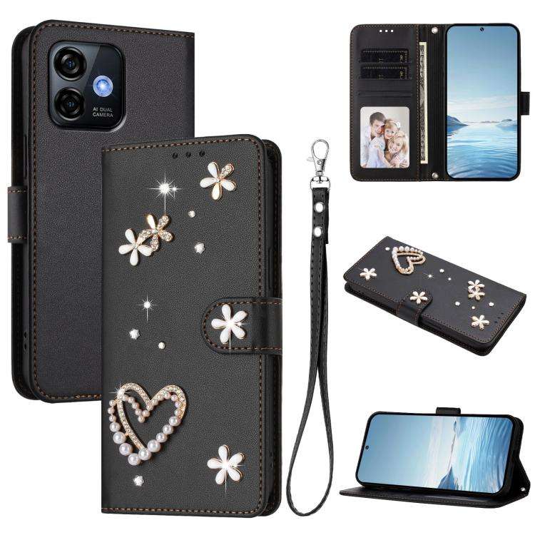For Ulefone Note 16 Pro ZS01 Double-Layer Heart Floral Vegan Leather Phone Case with Wrist Strap(...