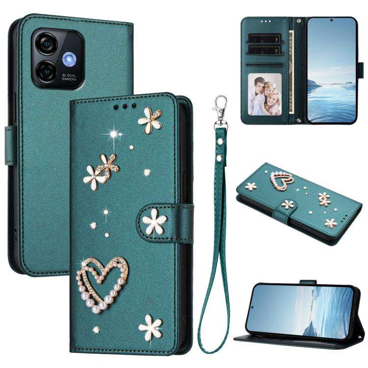 For Ulefone Note 16 Pro ZS01 Double-Layer Heart Floral Vegan Leather Phone Case with Wrist Strap(...