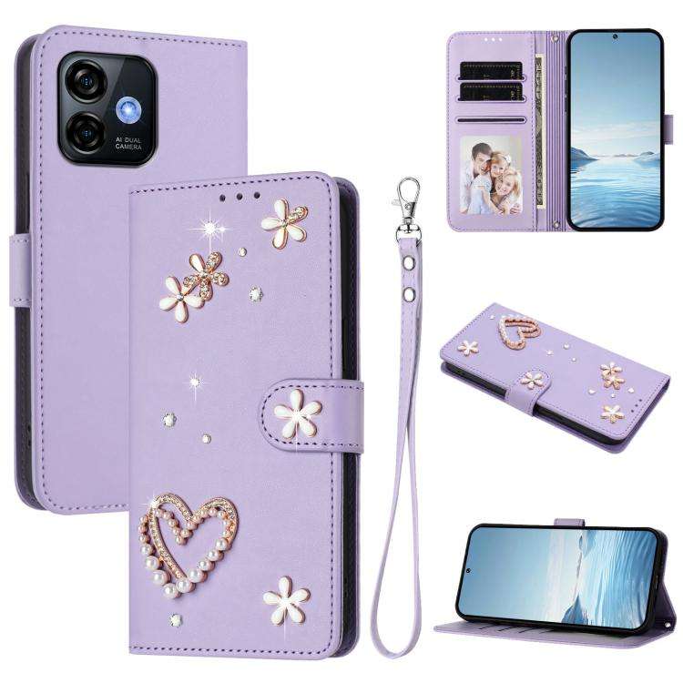 For Ulefone Note 16 Pro ZS01 Double-Layer Heart Floral Vegan Leather Phone Case with Wrist Strap(...