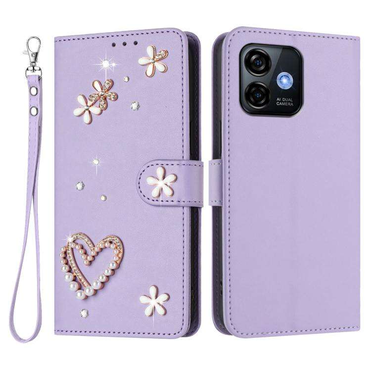 For Ulefone Note 16 Pro ZS01 Double-Layer Heart Floral Vegan Leather Phone Case with Wrist Strap(...