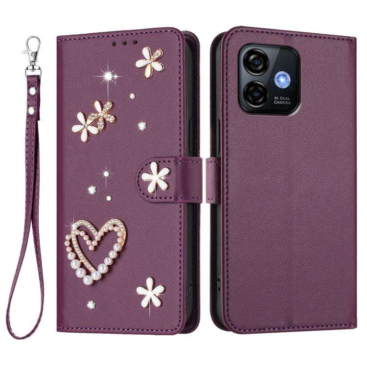 For Ulefone Note 16 Pro ZS01 Double-Layer Heart Floral Vegan Leather Phone Case with Wrist Strap(...