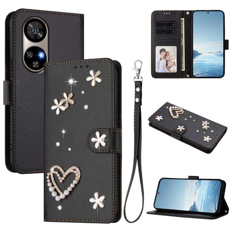 For Ulefone Note 17 Pro ZS01 Double-Layer Heart Floral Vegan Leather Phone Case with Wrist Strap(...