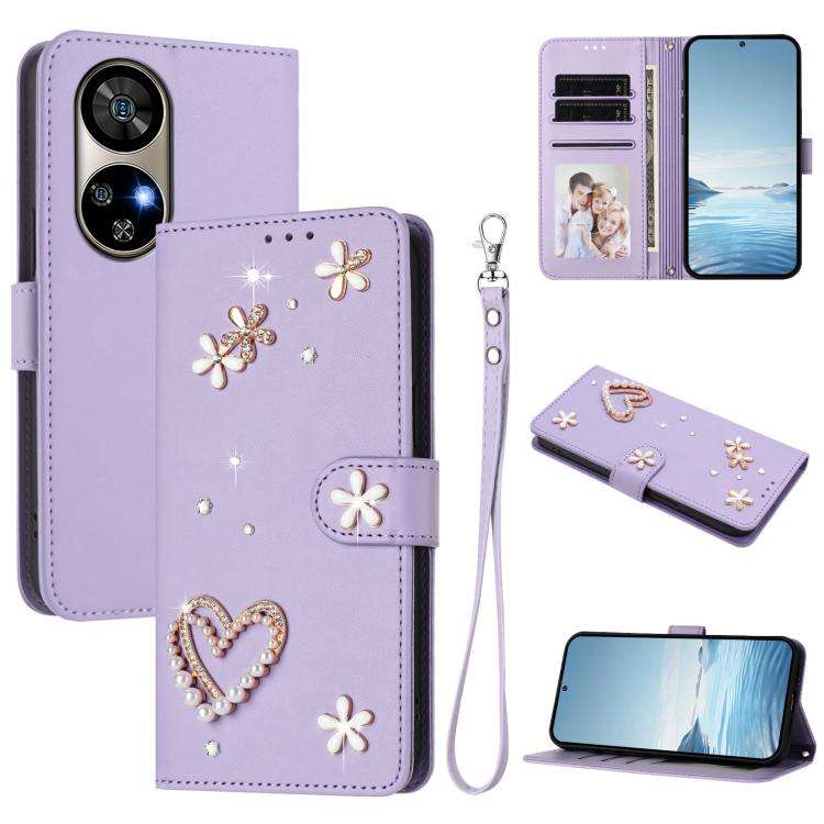 For Ulefone Note 17 Pro ZS01 Double-Layer Heart Floral Vegan Leather Phone Case with Wrist Strap(...