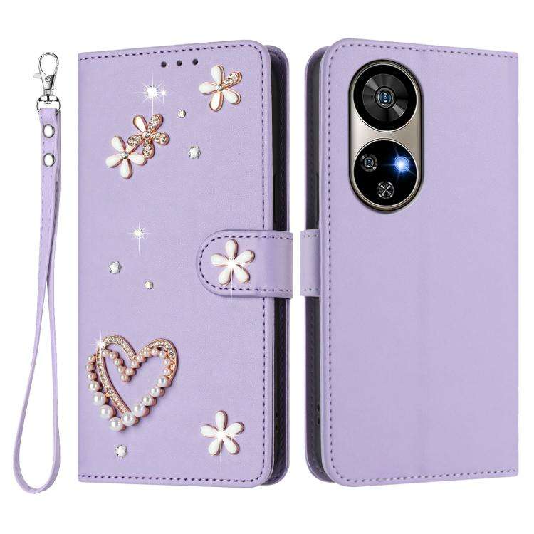 For Ulefone Note 17 Pro ZS01 Double-Layer Heart Floral Vegan Leather Phone Case with Wrist Strap(...