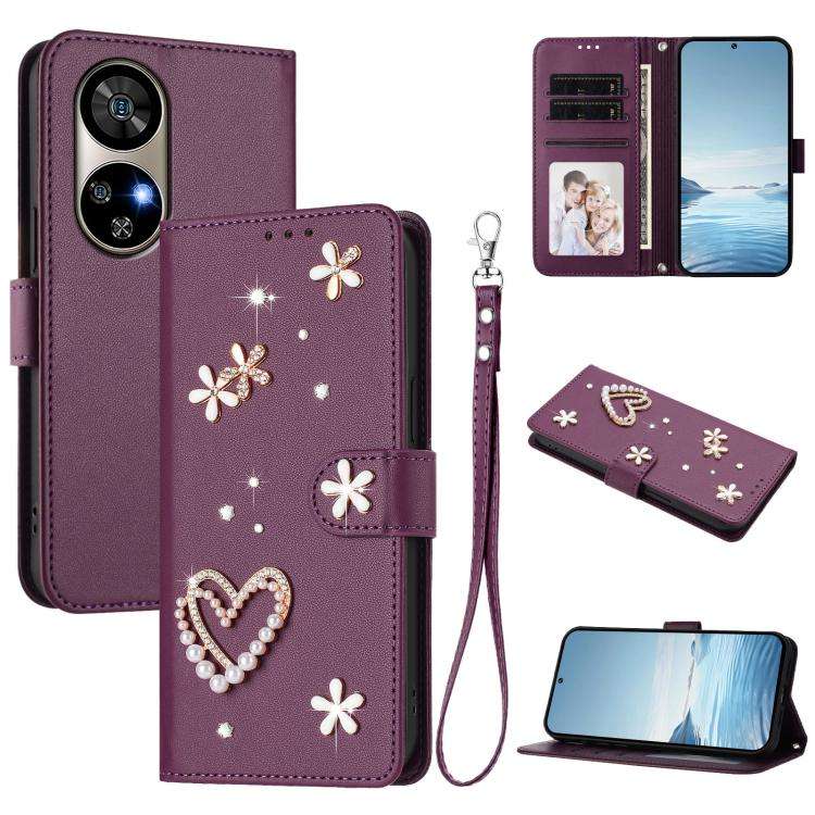For Ulefone Note 17 Pro ZS01 Double-Layer Heart Floral Vegan Leather Phone Case with Wrist Strap(...