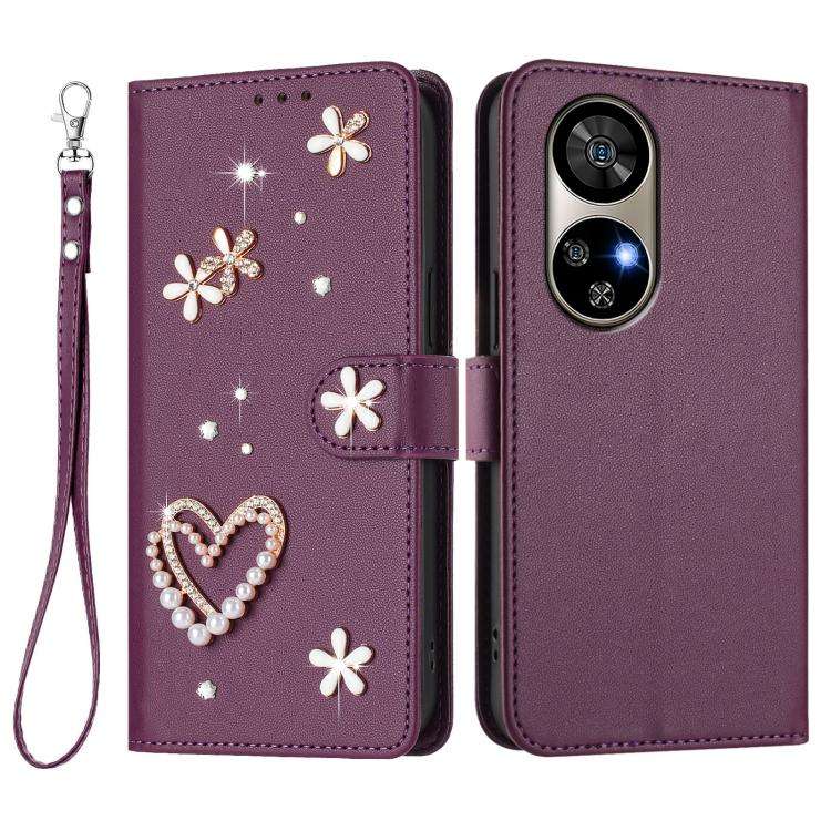 For Ulefone Note 17 Pro ZS01 Double-Layer Heart Floral Vegan Leather Phone Case with Wrist Strap(...