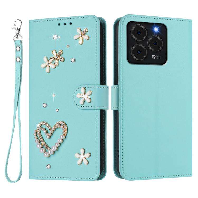For Ulefone Note 20 Pro ZS01 Double-Layer Heart Floral Vegan Leather Phone Case with Wrist Strap(...