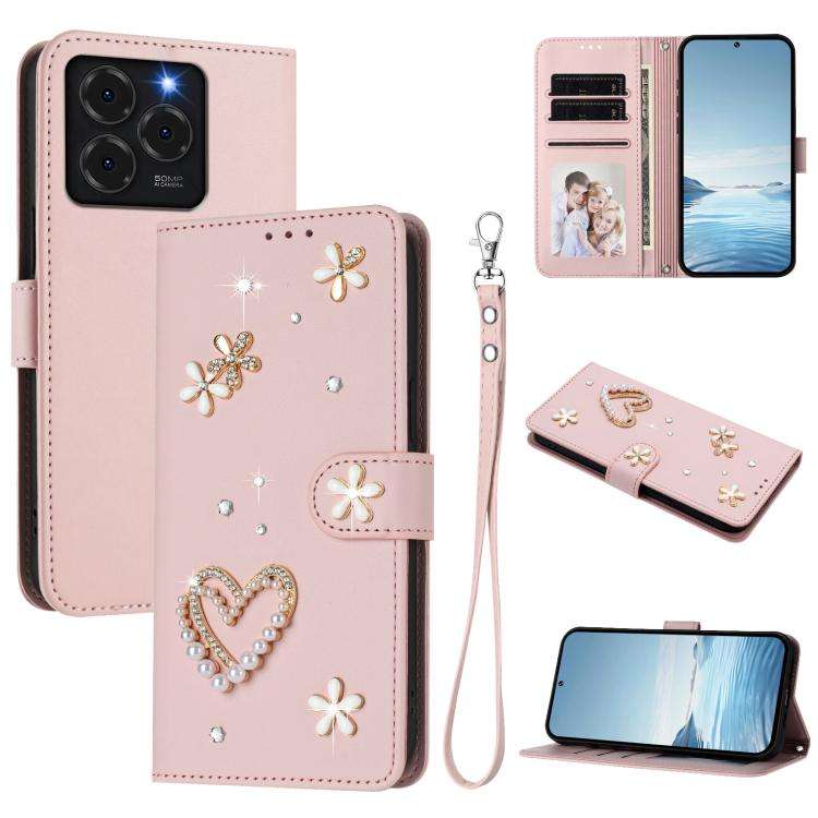 For Ulefone Note 20 Pro ZS01 Double-Layer Heart Floral Vegan Leather Phone Case with Wrist Strap(...