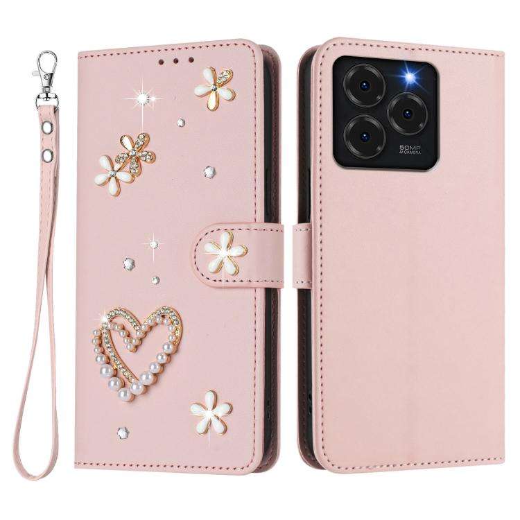 For Ulefone Note 20 Pro ZS01 Double-Layer Heart Floral Vegan Leather Phone Case with Wrist Strap(...