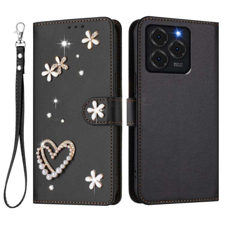 For Ulefone Note 20 Pro ZS01 Double-Layer Heart Floral Vegan Leather Phone Case with Wrist Strap(...