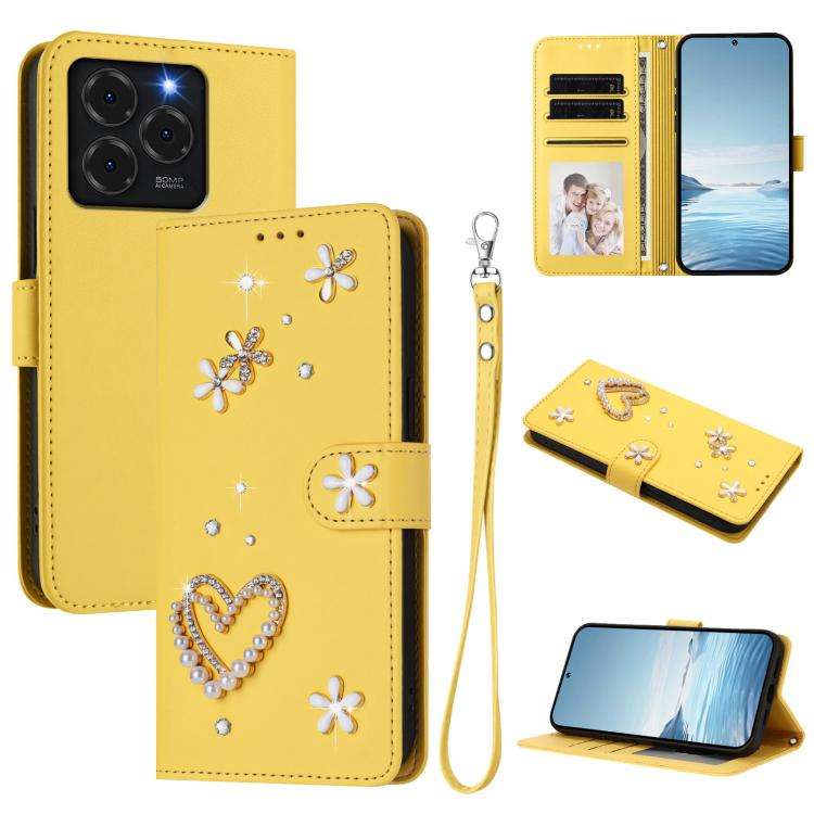 For Ulefone Note 20 Pro ZS01 Double-Layer Heart Floral Vegan Leather Phone Case with Wrist Strap(...