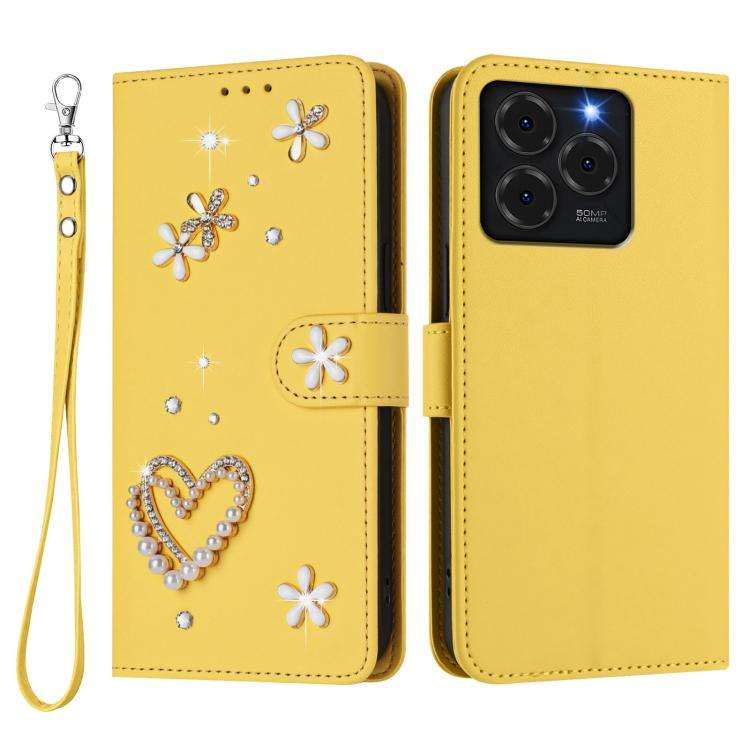 For Ulefone Note 20 Pro ZS01 Double-Layer Heart Floral Vegan Leather Phone Case with Wrist Strap(...