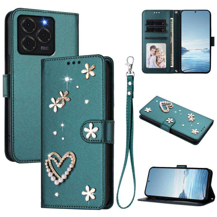 For Ulefone Note 20 Pro ZS01 Double-Layer Heart Floral Vegan Leather Phone Case with Wrist Strap(...