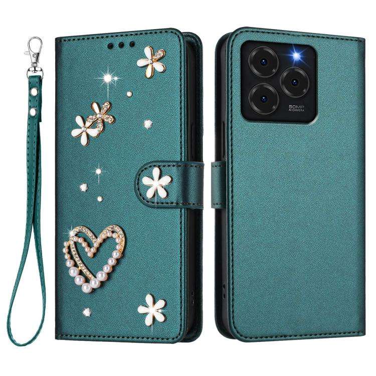 For Ulefone Note 20 Pro ZS01 Double-Layer Heart Floral Vegan Leather Phone Case with Wrist Strap(...